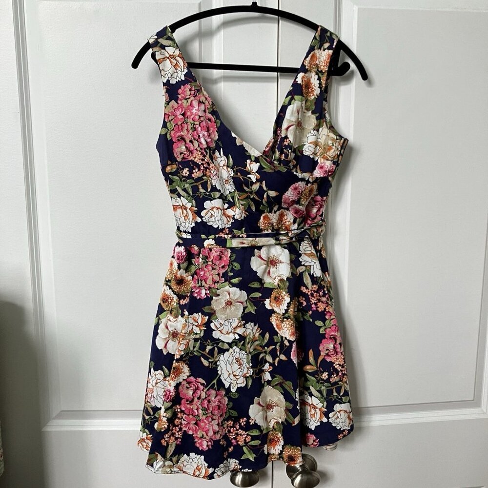 Floral Sleeveless Dress - Navy and Pink